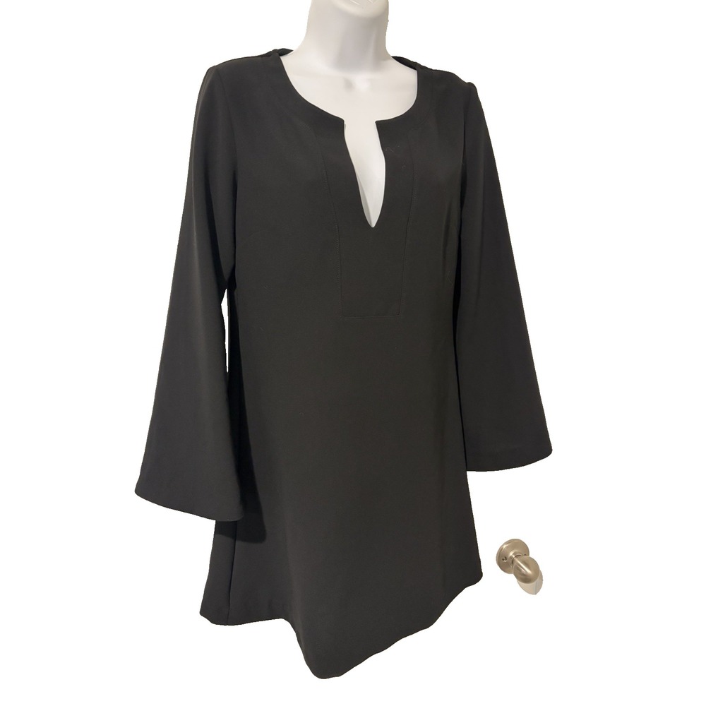 Zara Basic Black Mini Dress~S~V Neck Bell Sleeve A line Shift Retro Mod 70's - Picture 3 of 15